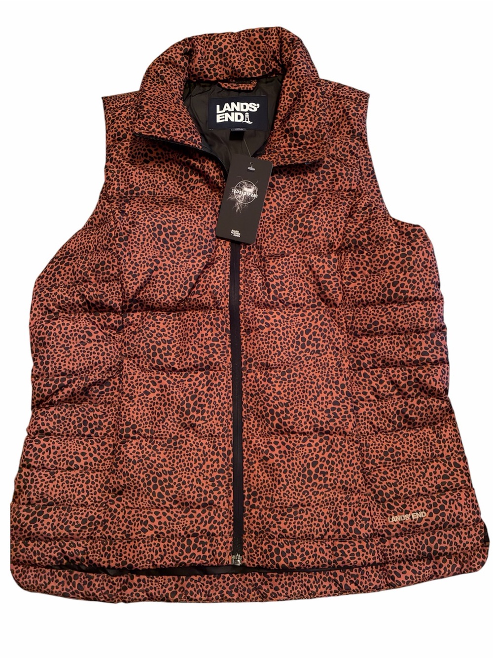 Lands' End Women's Down Puffer Vest Animal Print Rust Black M New With Tags